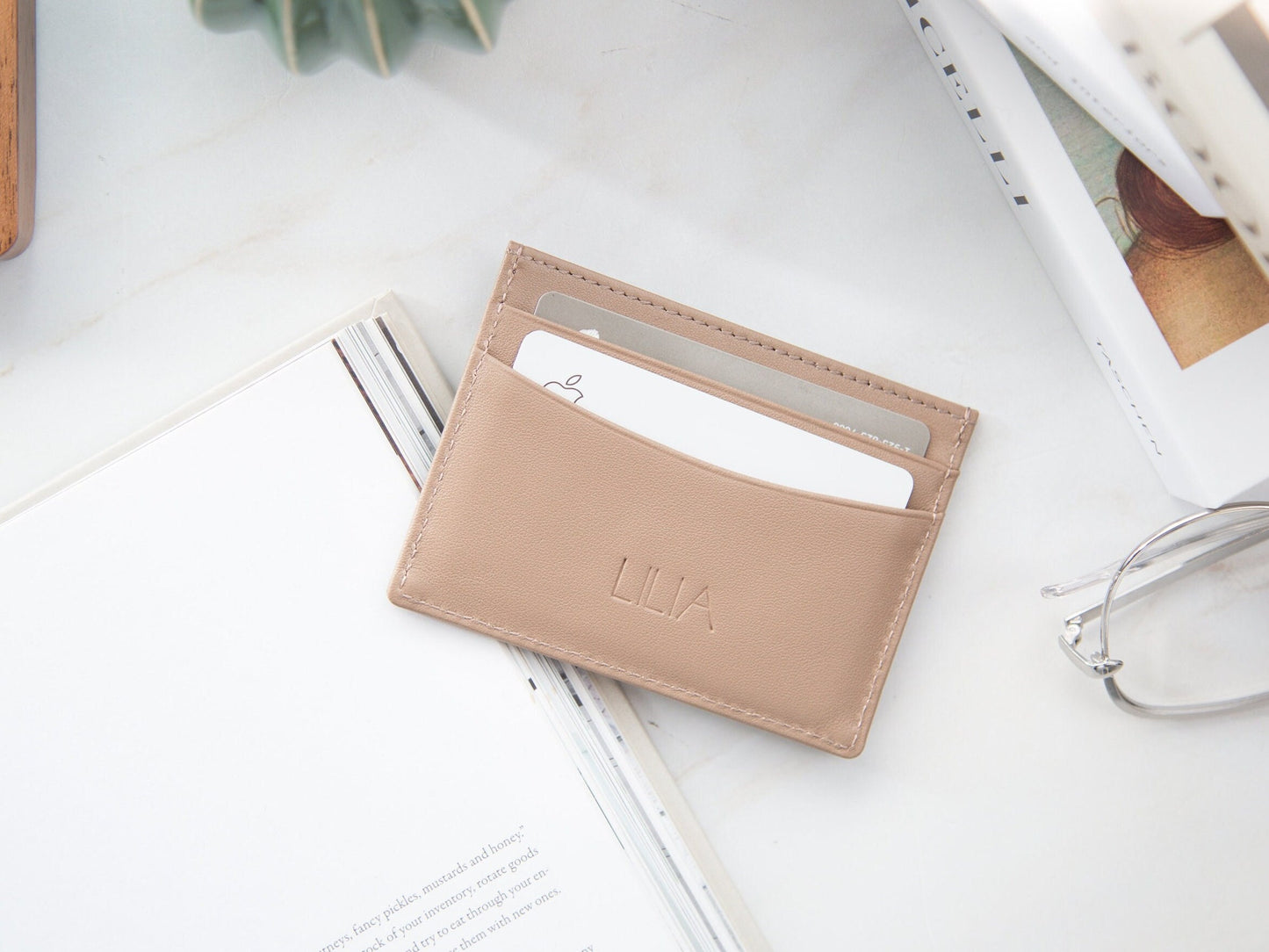 Embossed Leather Card Holder - Custom Monogram Name Initials Slim Money ID Wallet, 3rd Anniversary, College Gift, Teacher Appreciation