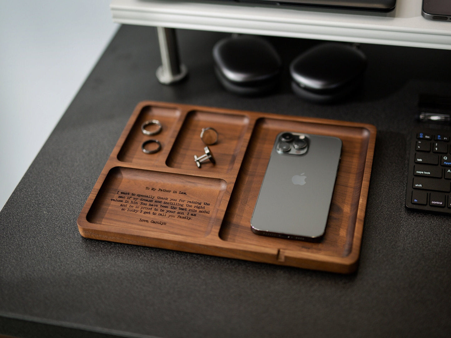 Rectangle Organizer Catchall D1 - 8.5x11.5" Large Wood Engraved Tray, Home Work Office Table Charger Station, Custom Gift for Husband Dad
