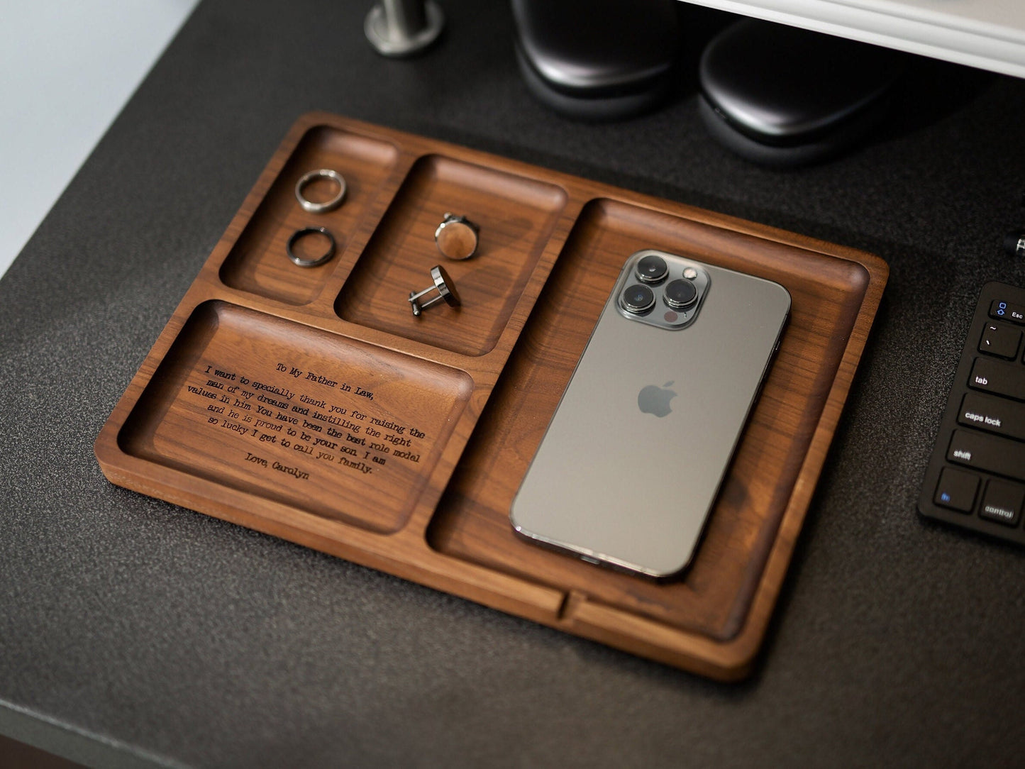 Rectangle Organizer Catchall D1 - 8.5x11.5" Large Wood Engraved Tray, Home Work Office Table Charger Station, Custom Gift for Husband Dad