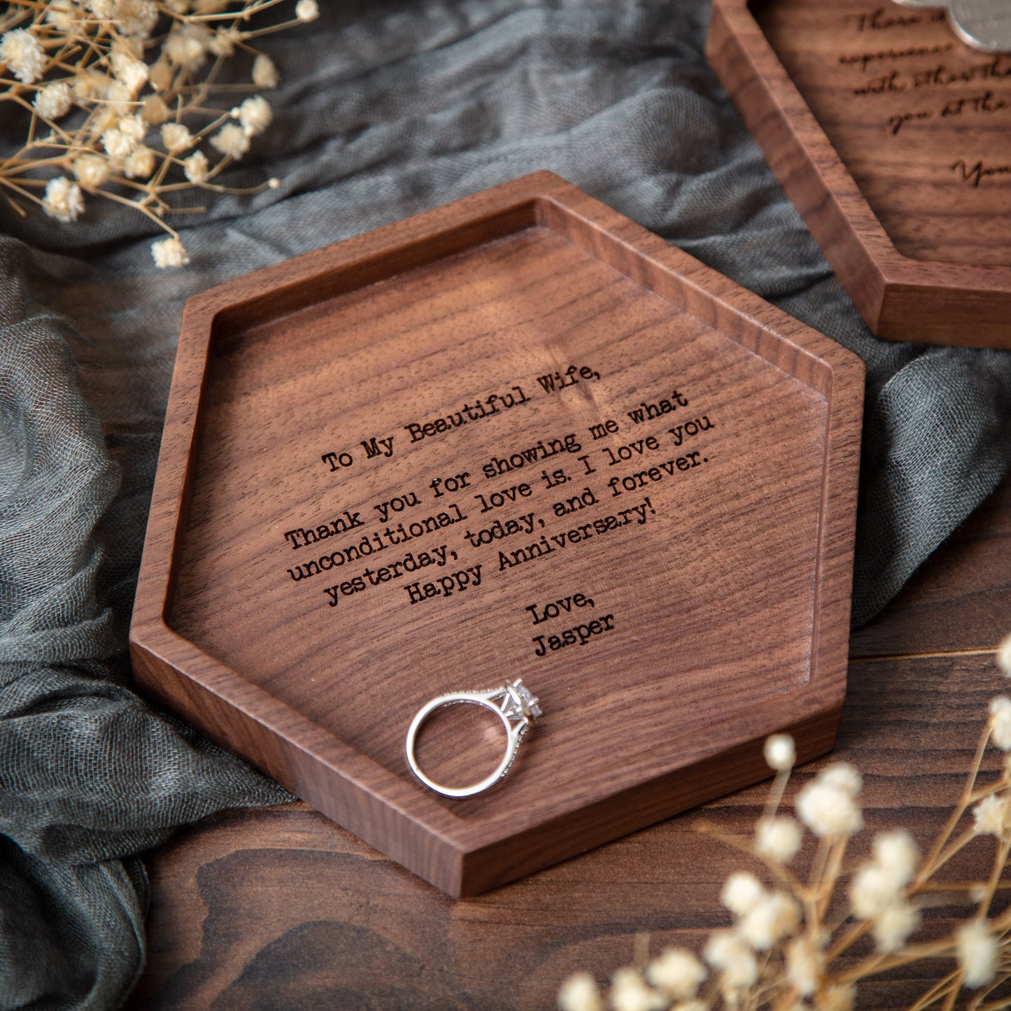 Hexagon Wood Tray - Engraved Modern Ring Dish Key Tray, Anniversary Honeymoon Wedding Day Gift Groom Bride Wife Husband Fiancé Boyfriend