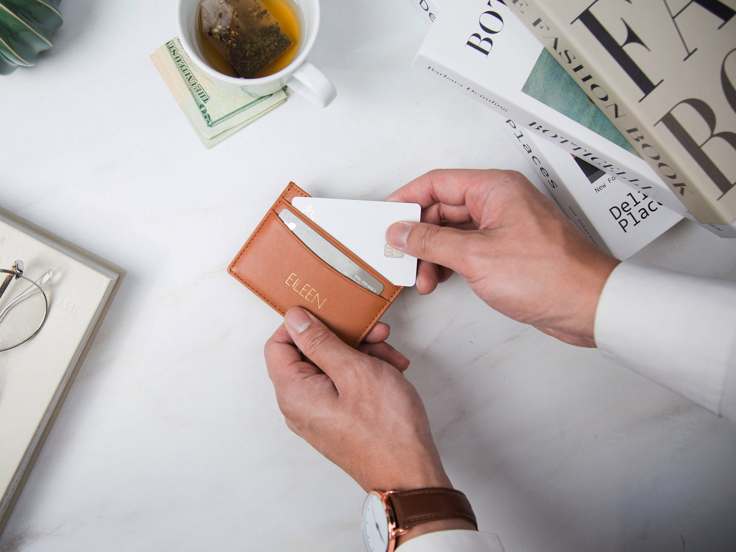 Embossed Leather Card Holder - Custom Monogram Name Initials Slim Money ID Wallet, 3rd Anniversary, College Gift, Teacher Appreciation