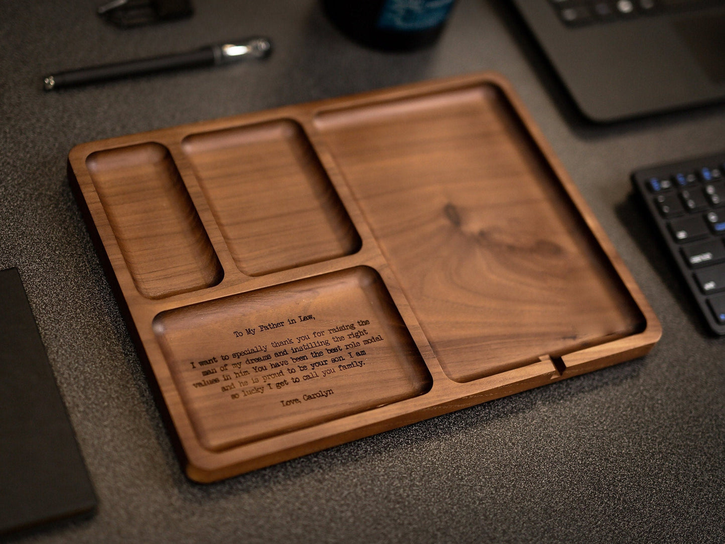 Rectangle Organizer Catchall D1 - 8.5x11.5" Large Wood Engraved Tray, Home Work Office Table Charger Station, Custom Gift for Husband Dad