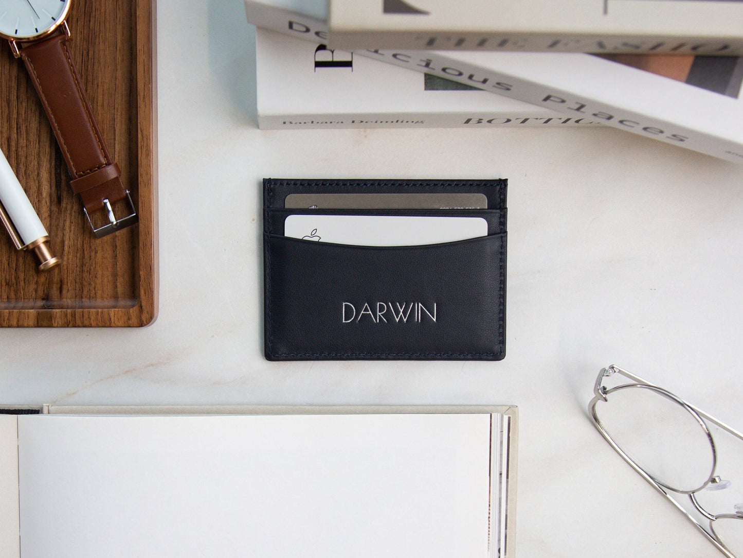 Embossed Leather Card Holder - Custom Monogram Name Initials Slim Money ID Wallet, 3rd Anniversary, College Gift, Teacher Appreciation