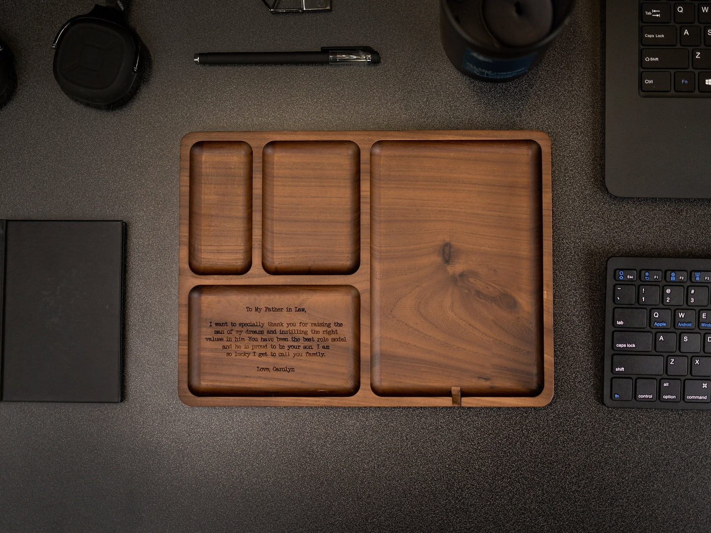 Rectangle Organizer Catchall D1 - 8.5x11.5" Large Wood Engraved Tray, Home Work Office Table Charger Station, Custom Gift for Husband Dad