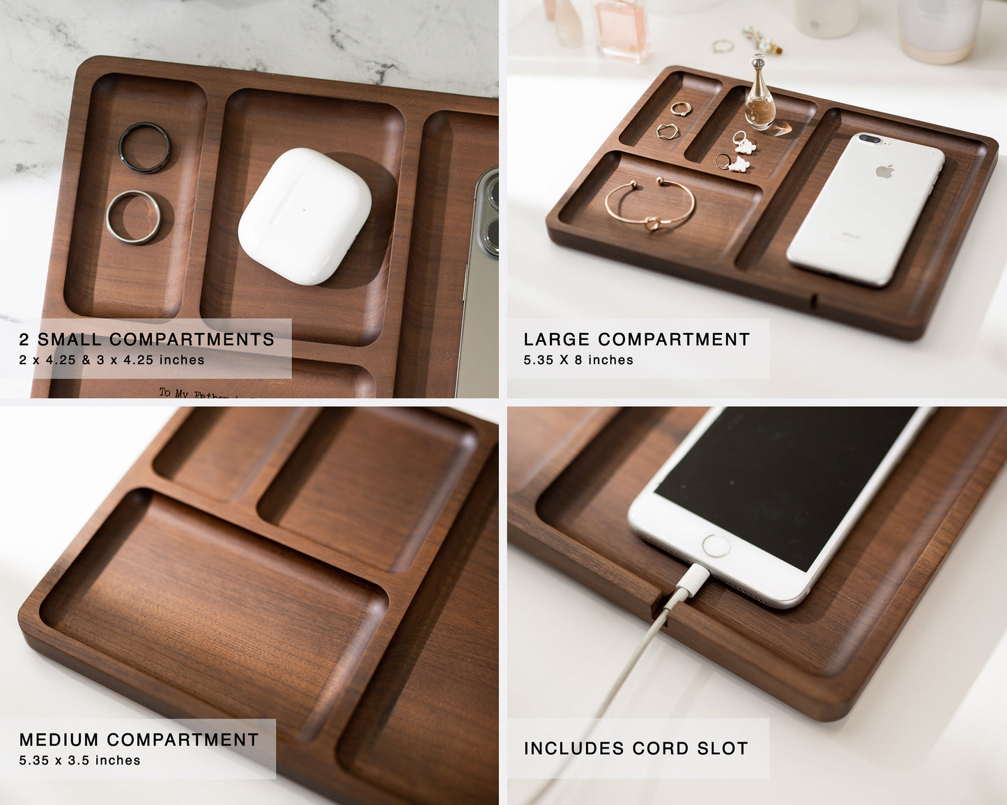 Rectangle Organizer Catchall D1 - 8.5x11.5" Large Wood Engraved Tray, Home Work Office Table Charger Station, Custom Gift for Husband Dad