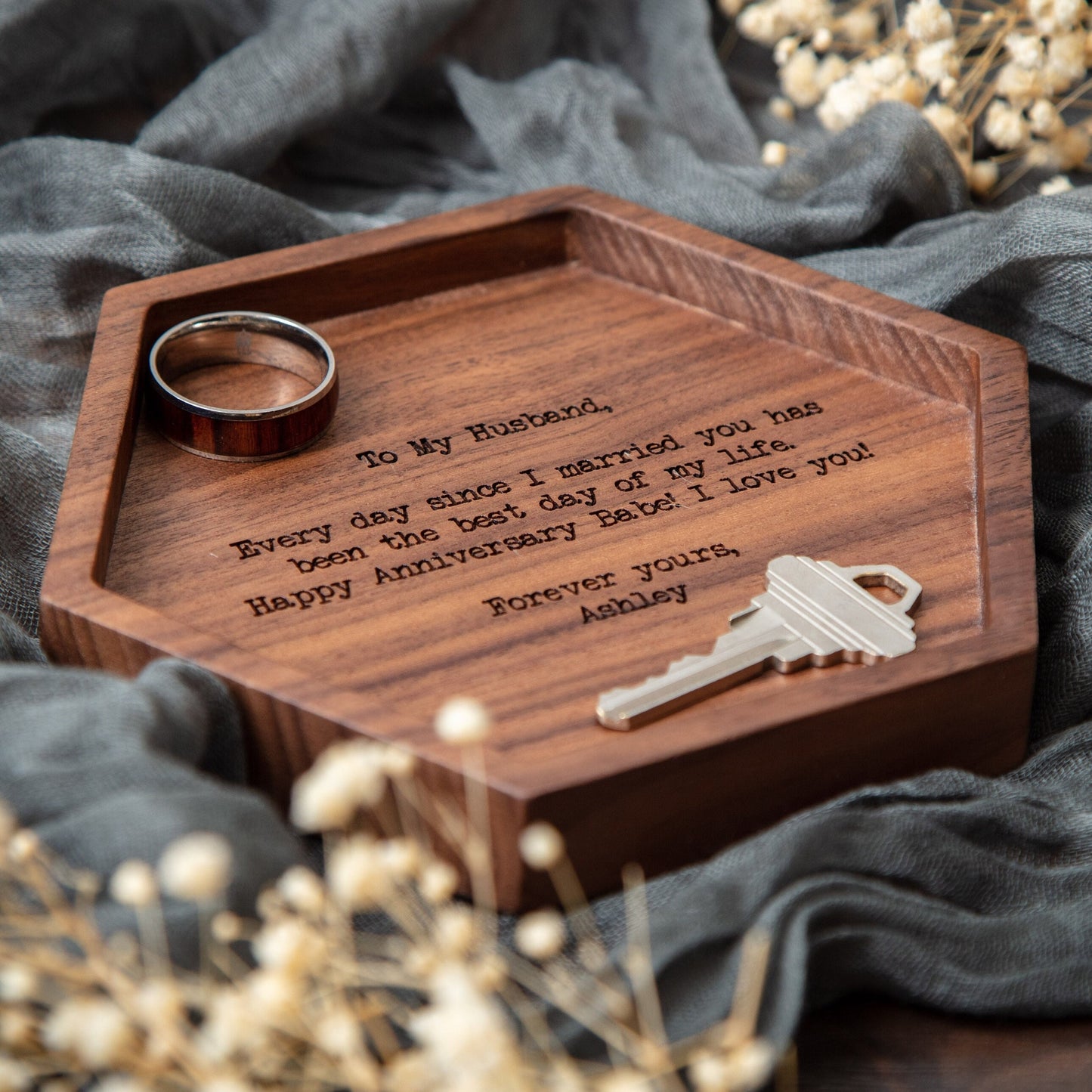 Hexagon Wood Tray - Engraved Modern Ring Dish Key Tray, Anniversary Honeymoon Wedding Day Gift Groom Bride Wife Husband Fiancé Boyfriend