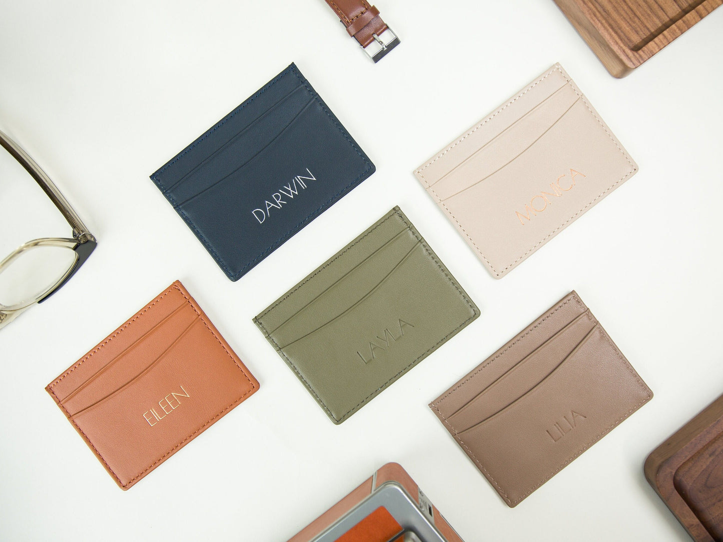 Embossed Leather Card Holder - Custom Monogram Name Initials Slim Money ID Wallet, 3rd Anniversary, College Gift, Teacher Appreciation