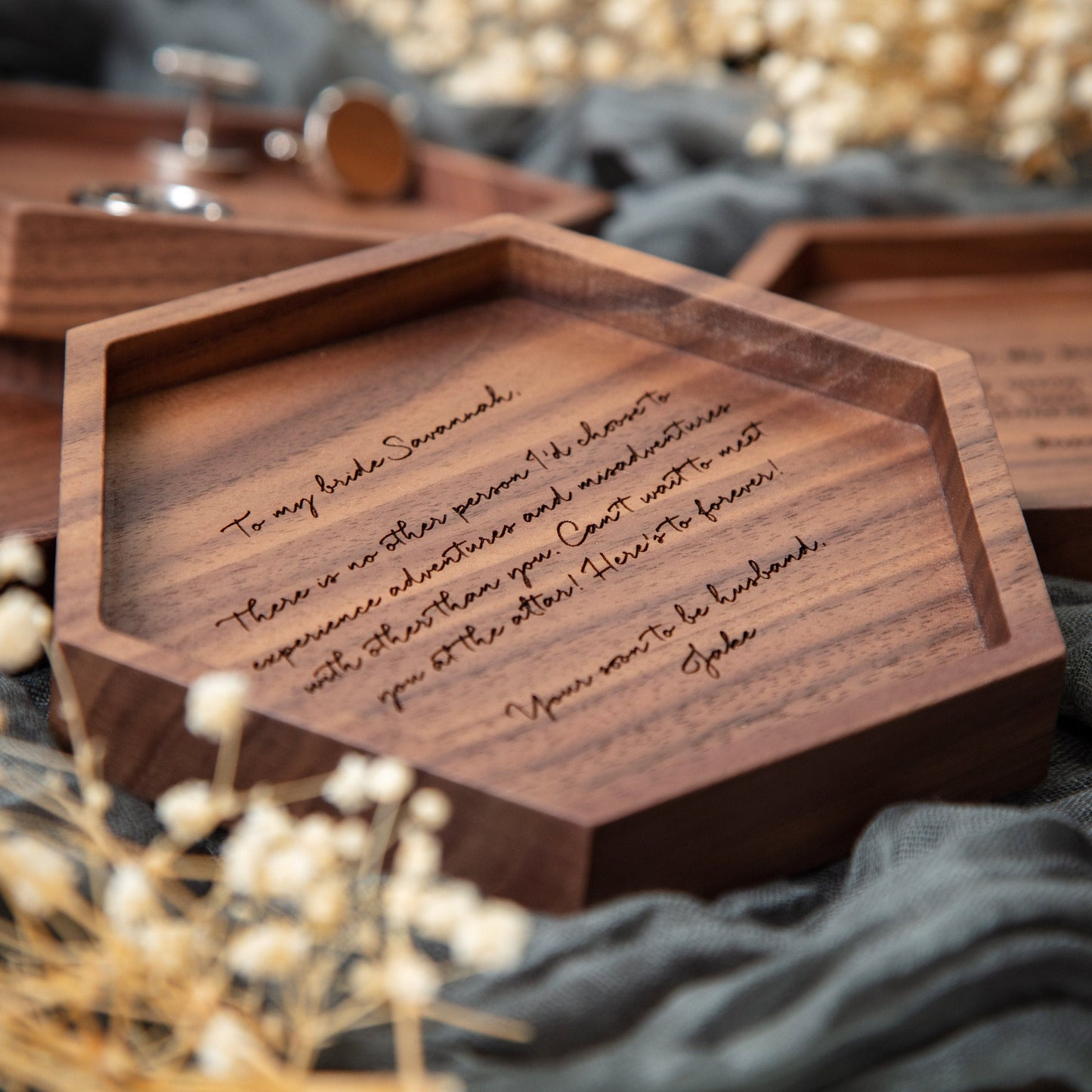 Hexagon Wood Tray - Engraved Modern Ring Dish Key Tray, Anniversary Honeymoon Wedding Day Gift Groom Bride Wife Husband Fiancé Boyfriend