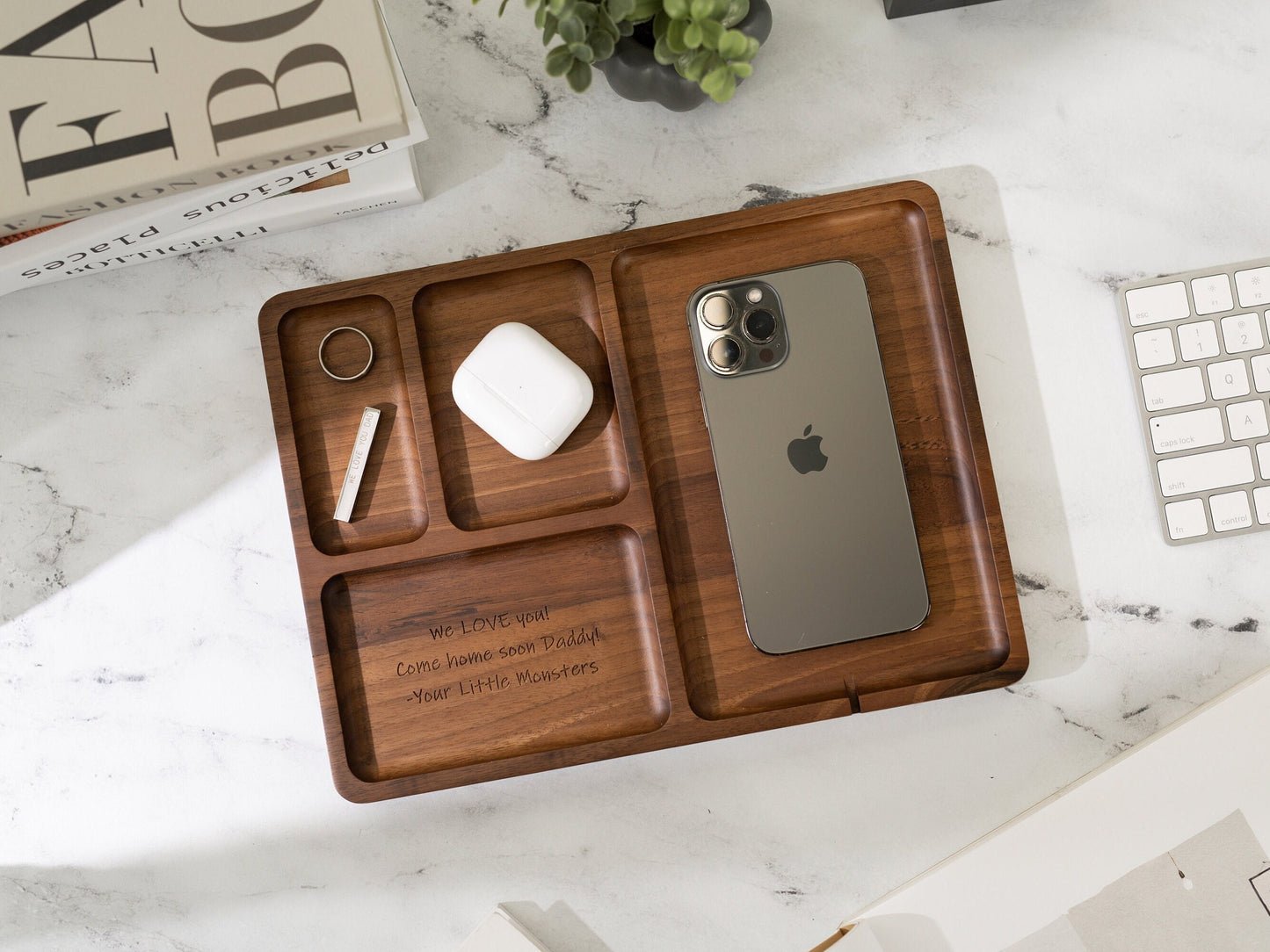 Rectangle Organizer Catchall D3 - 8.5x11.5" Large Wood Engraved Tray, Home Work School Office Table Charging Station, Teacher Appreciation