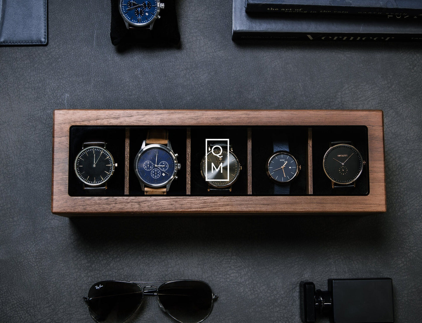 Wide Wood Watch Box (Design 9) - Personalized Monogram Watch Holder Display Case Gift Box for Boyfriend Father Husband Groom Fiancé Brother
