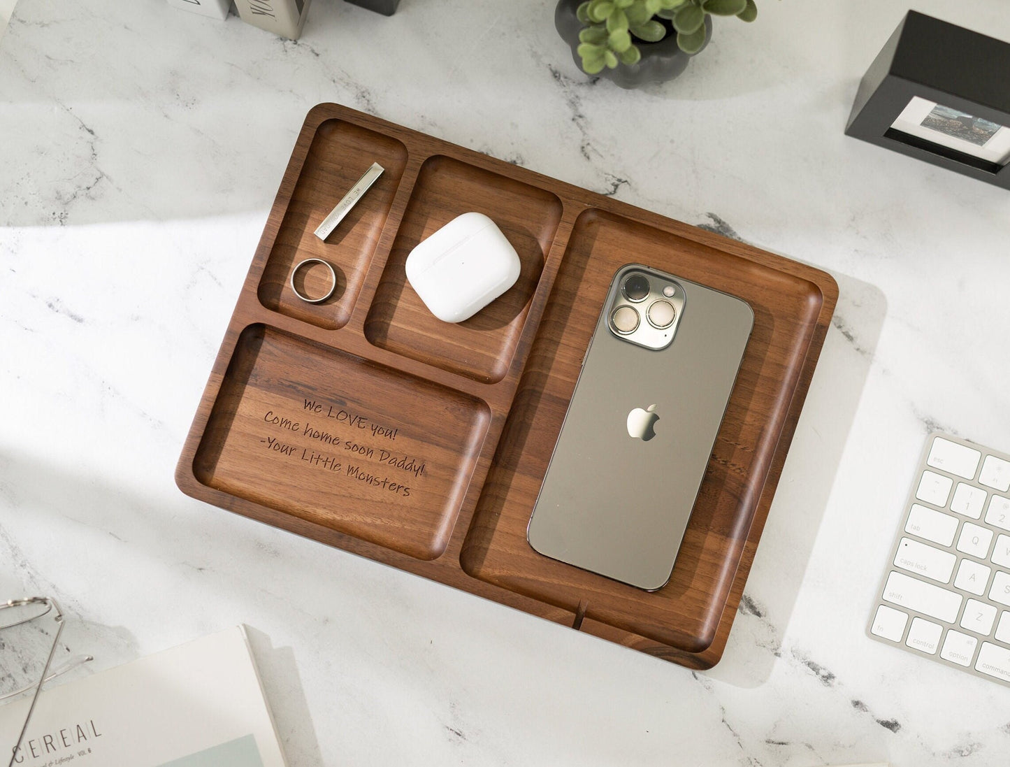 Rectangle Organizer Catchall D3 - 8.5x11.5" Large Wood Engraved Tray, Home Work School Office Table Charging Station, Teacher Appreciation