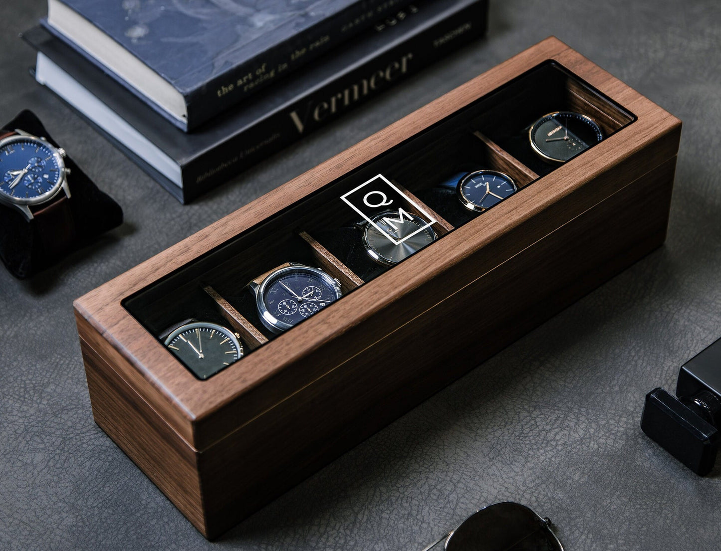 Wide Wood Watch Box (Design 9) - Personalized Monogram Watch Holder Display Case Gift Box for Boyfriend Father Husband Groom Fiancé Brother