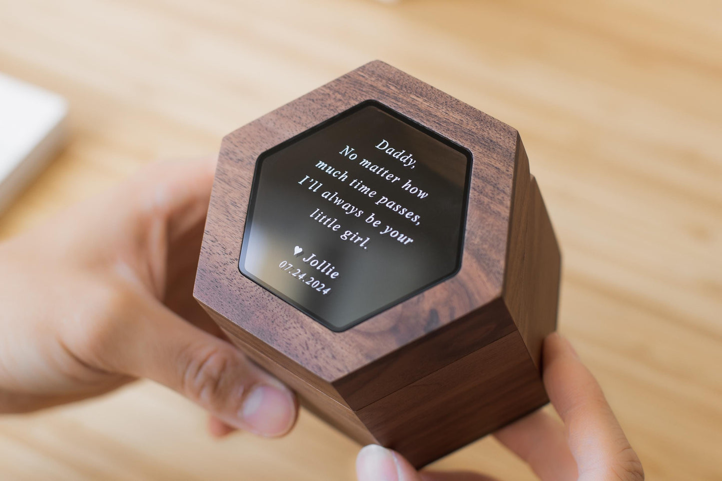 Hexagon Watch Box w/ Glass Top & Pillow (Watch NOT Included) - Apple Watch Walnut Wood Gift Box, Wedding Day Son Father of the Bride Groom