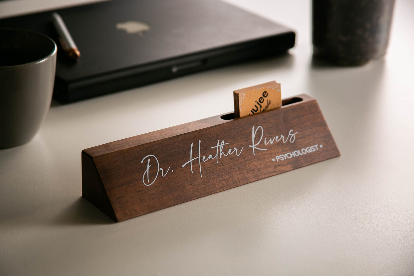 Wood Name Block with Card Slot (White Print 10") - Custom Doctor's Office Desk Wedge Name Plate Promotion Gift for Psychologist Counselor