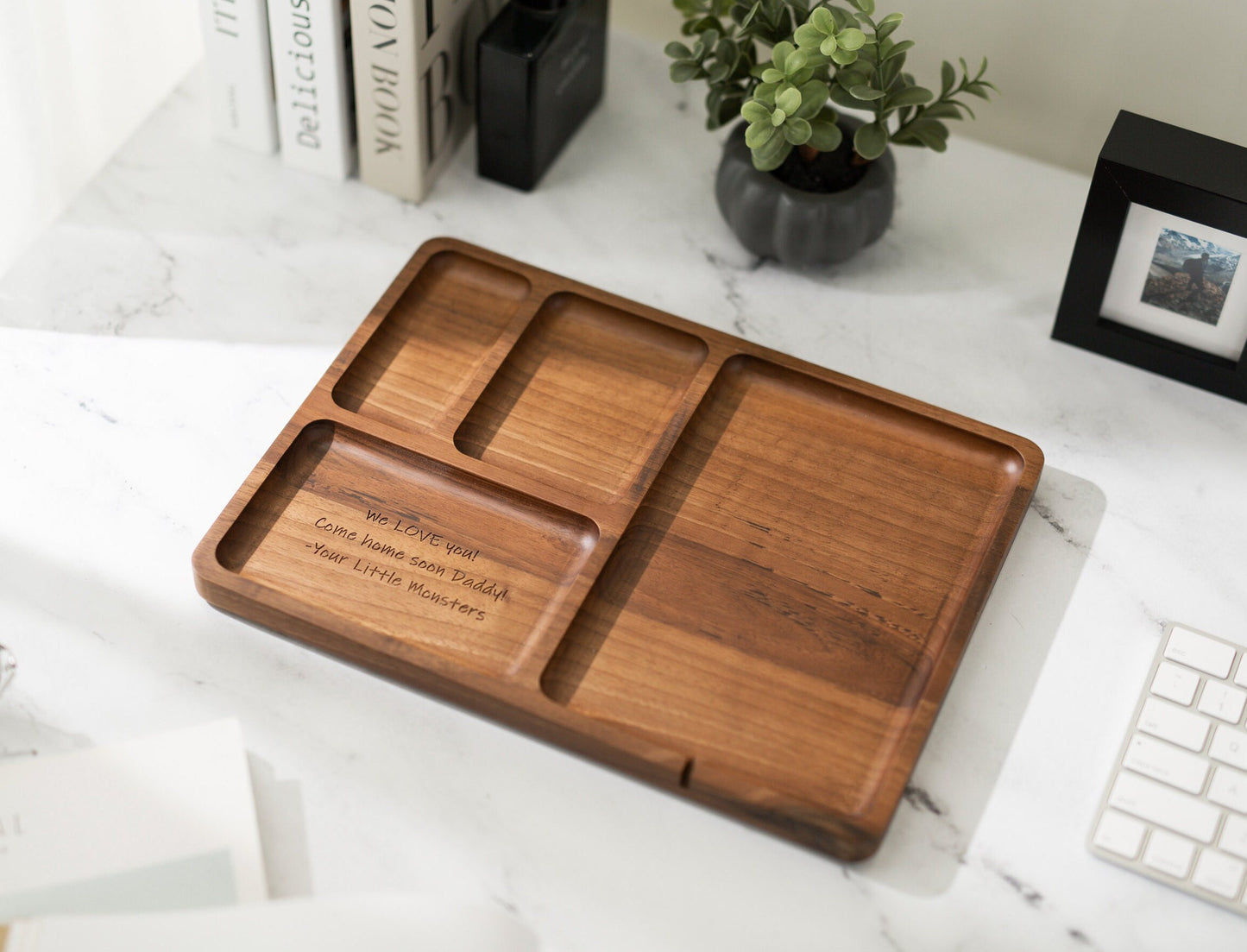 Rectangle Organizer Catchall D3 - 8.5x11.5" Large Wood Engraved Tray, Home Work School Office Table Charging Station, Teacher Appreciation