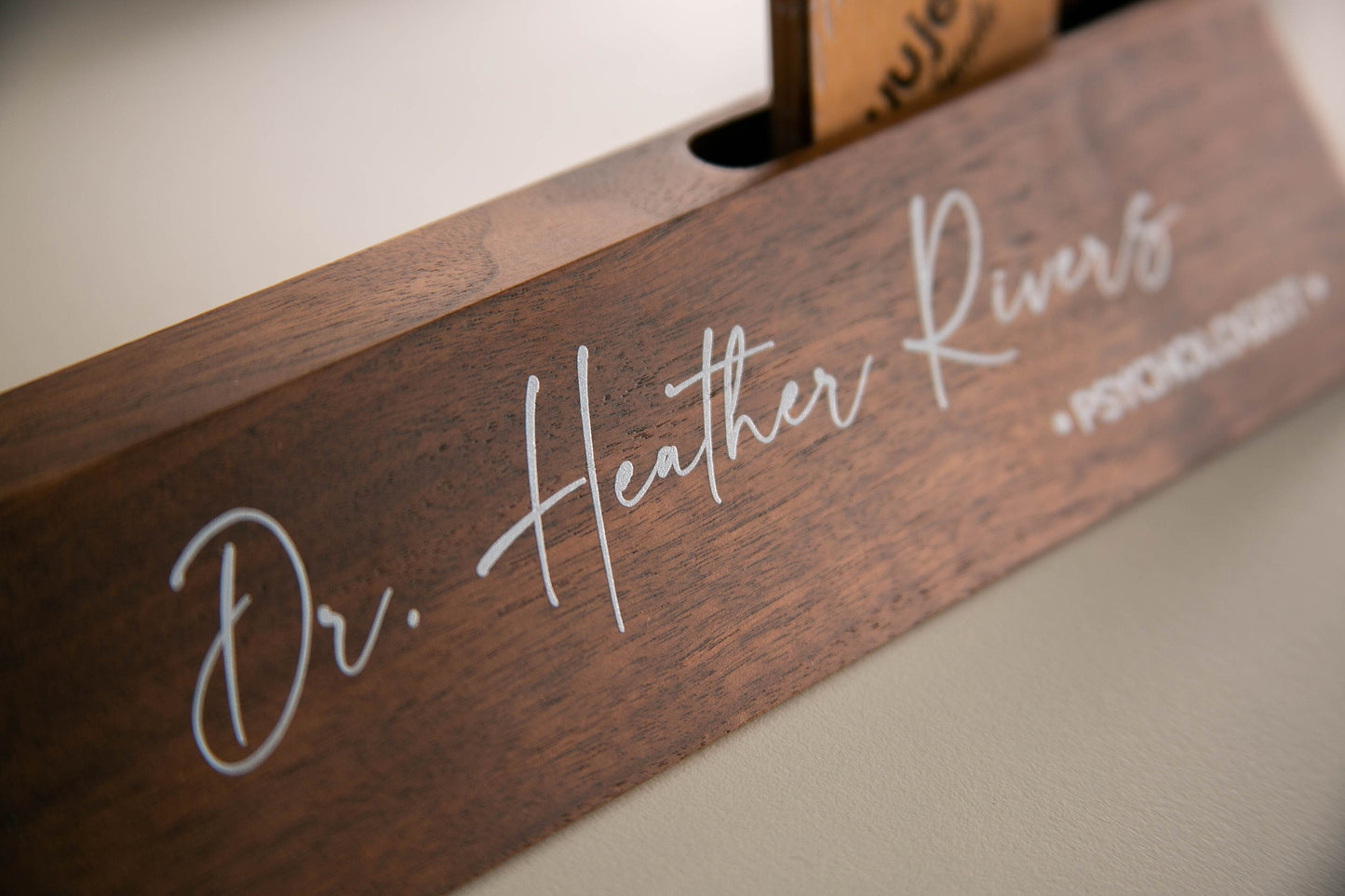 Wood Name Block with Card Slot (White Print 10") - Custom Doctor's Office Desk Wedge Name Plate Promotion Gift for Psychologist Counselor