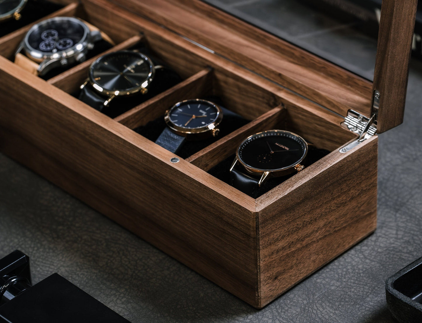 Wide Wood Watch Box (Design 9) - Personalized Monogram Watch Holder Display Case Gift Box for Boyfriend Father Husband Groom Fiancé Brother