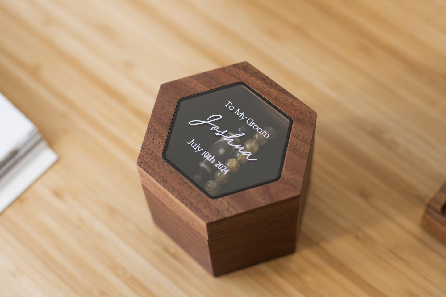 Hexagon Watch Box w/ Glass Top & Pillow (Watch NOT Included) - Apple Watch Walnut Wood Gift Box, Wedding Day Son Father of the Bride Groom