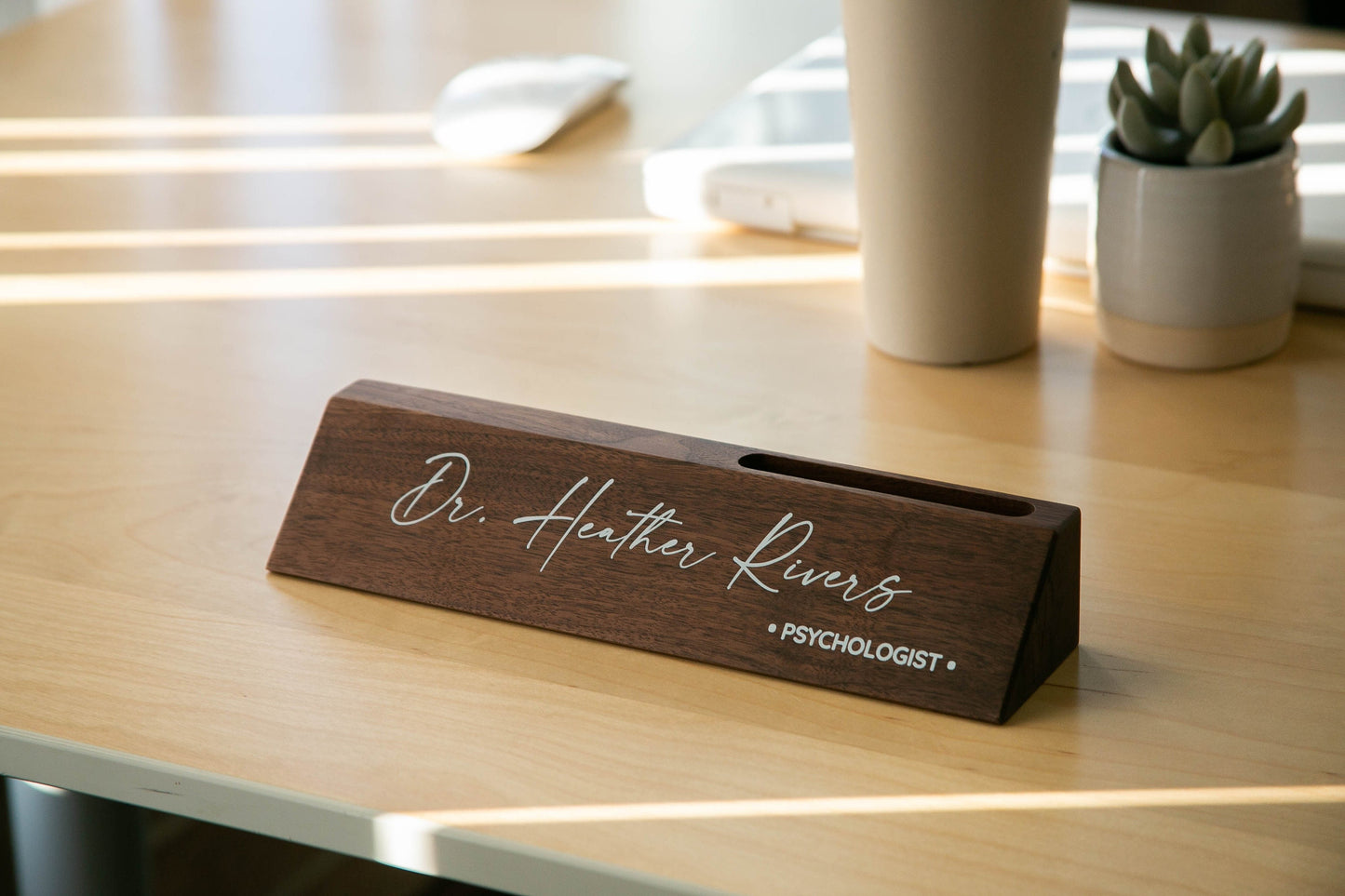 Wood Name Block with Card Slot (White Print 10") - Custom Doctor's Office Desk Wedge Name Plate Promotion Gift for Psychologist Counselor