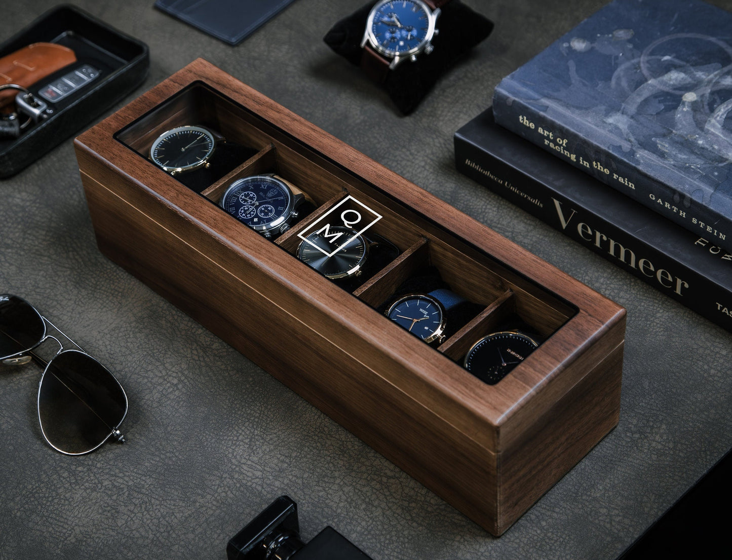 Wide Wood Watch Box (Design 9) - Personalized Monogram Watch Holder Display Case Gift Box for Boyfriend Father Husband Groom Fiancé Brother