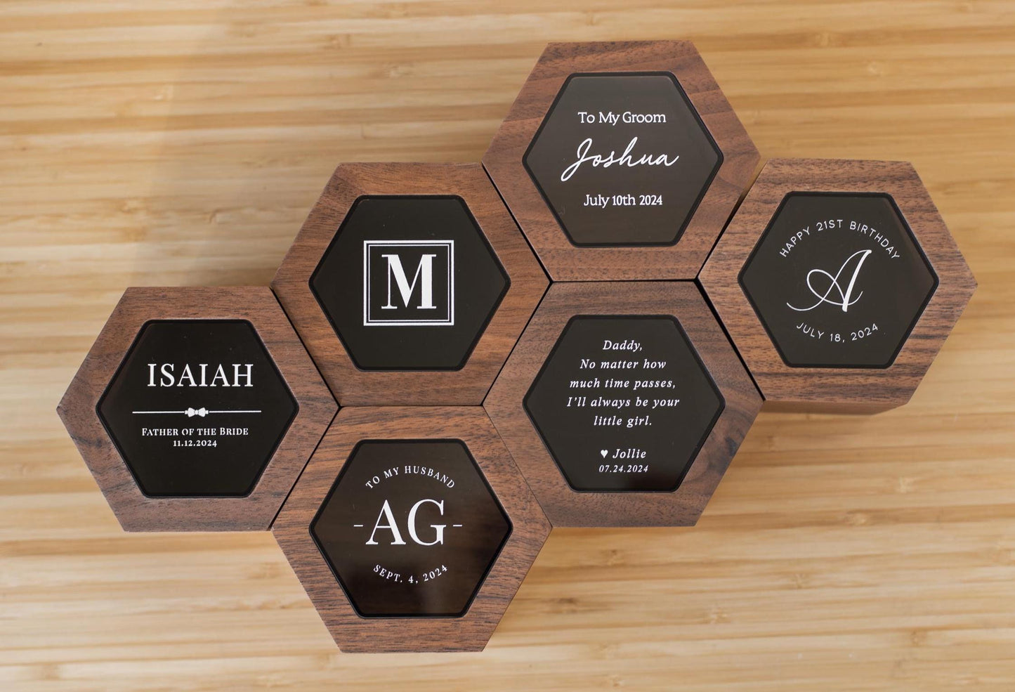 Hexagon Watch Box w/ Glass Top & Pillow (Watch NOT Included) - Apple Watch Walnut Wood Gift Box, Wedding Day Son Father of the Bride Groom