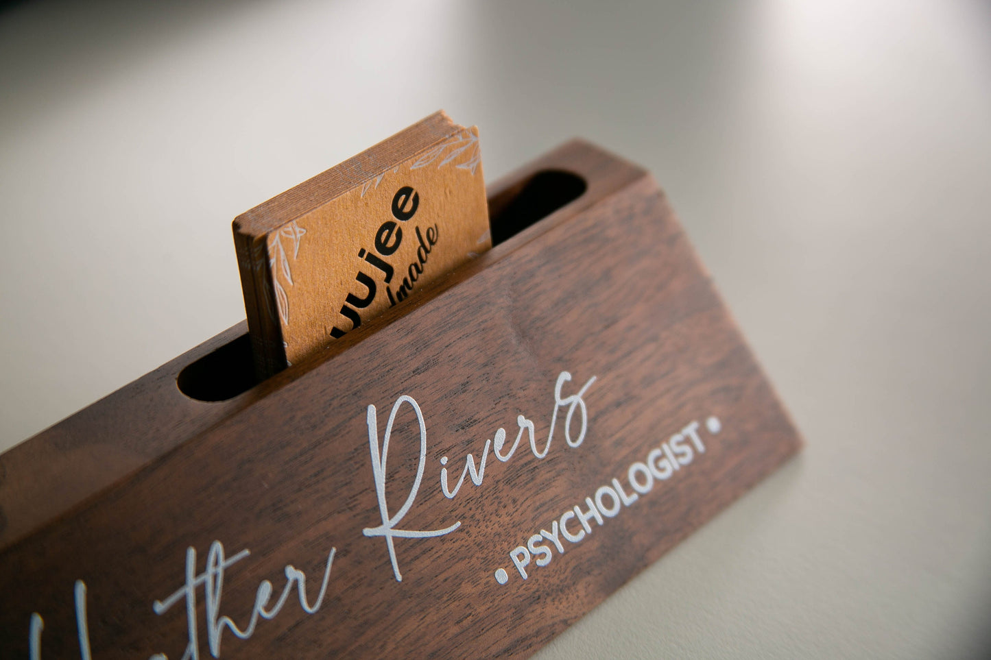 Wood Name Block with Card Slot (White Print 10") - Custom Doctor's Office Desk Wedge Name Plate Promotion Gift for Psychologist Counselor