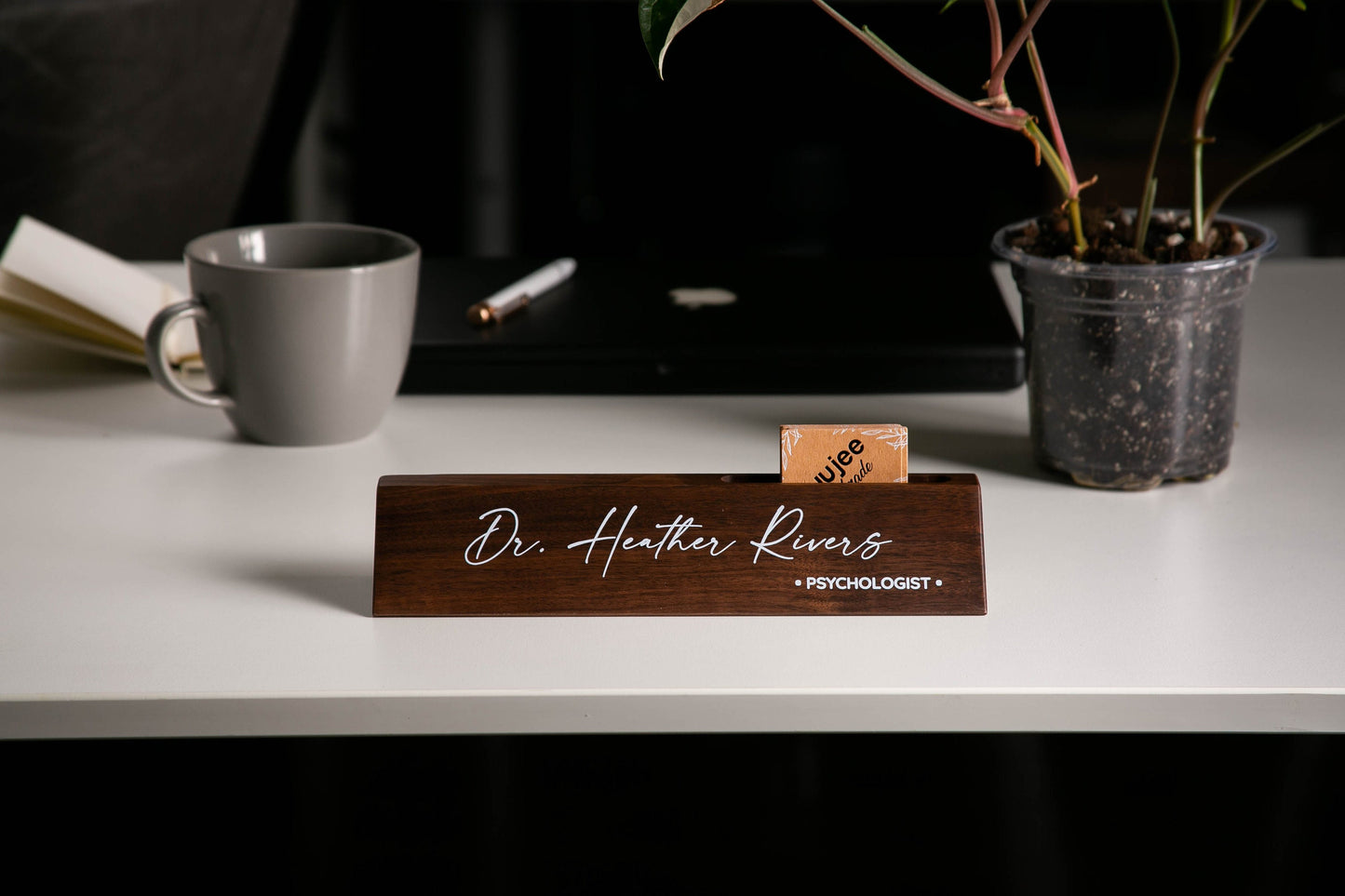 Wood Name Block with Card Slot (White Print 10") - Custom Doctor's Office Desk Wedge Name Plate Promotion Gift for Psychologist Counselor