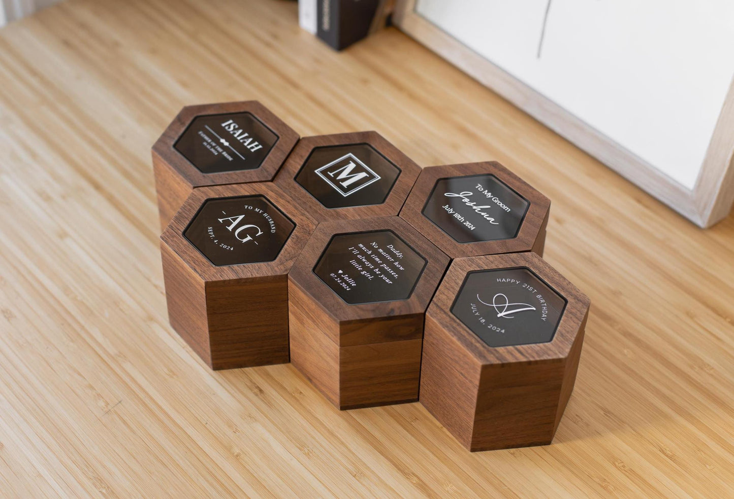 Hexagon Watch Box w/ Glass Top & Pillow (Watch NOT Included) - Apple Watch Walnut Wood Gift Box, Wedding Day Son Father of the Bride Groom