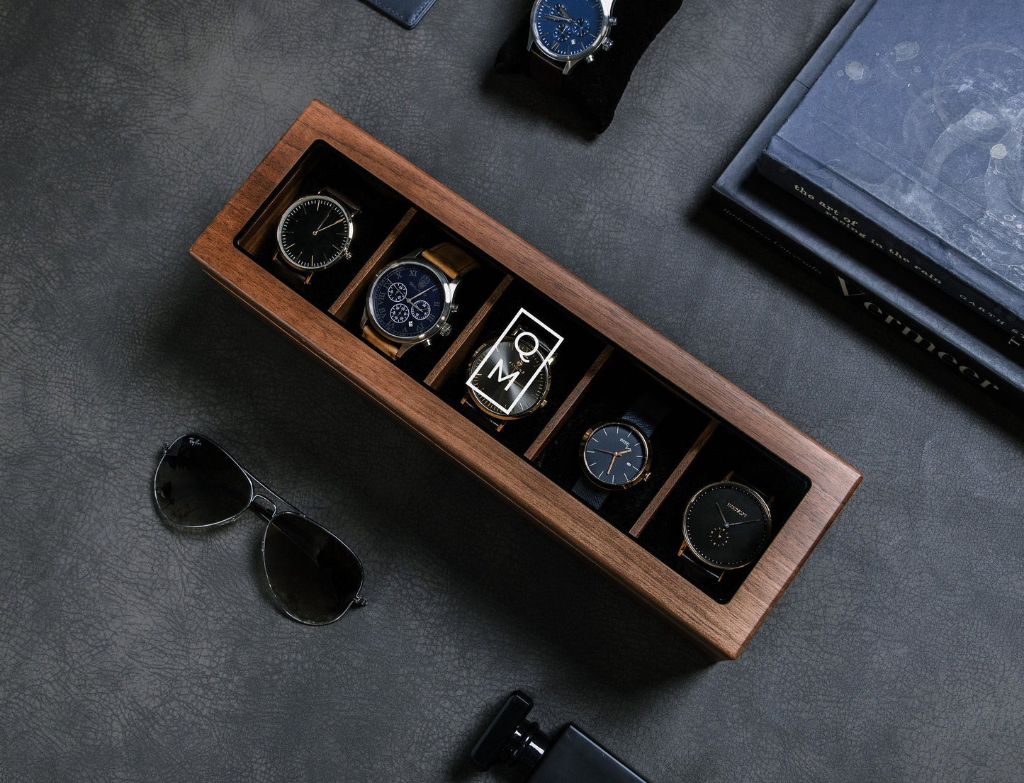 Wide Wood Watch Box (Design 9) - Personalized Monogram Watch Holder Display Case Gift Box for Boyfriend Father Husband Groom Fiancé Brother