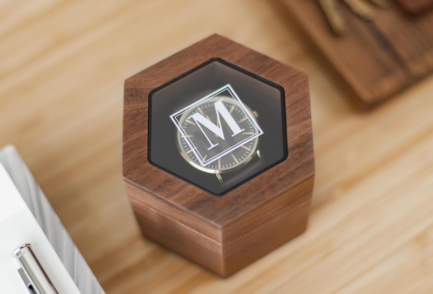 Hexagon Watch Box w/ Glass Top & Pillow (Watch NOT Included) - Apple Watch Walnut Wood Gift Box, Wedding Day Son Father of the Bride Groom