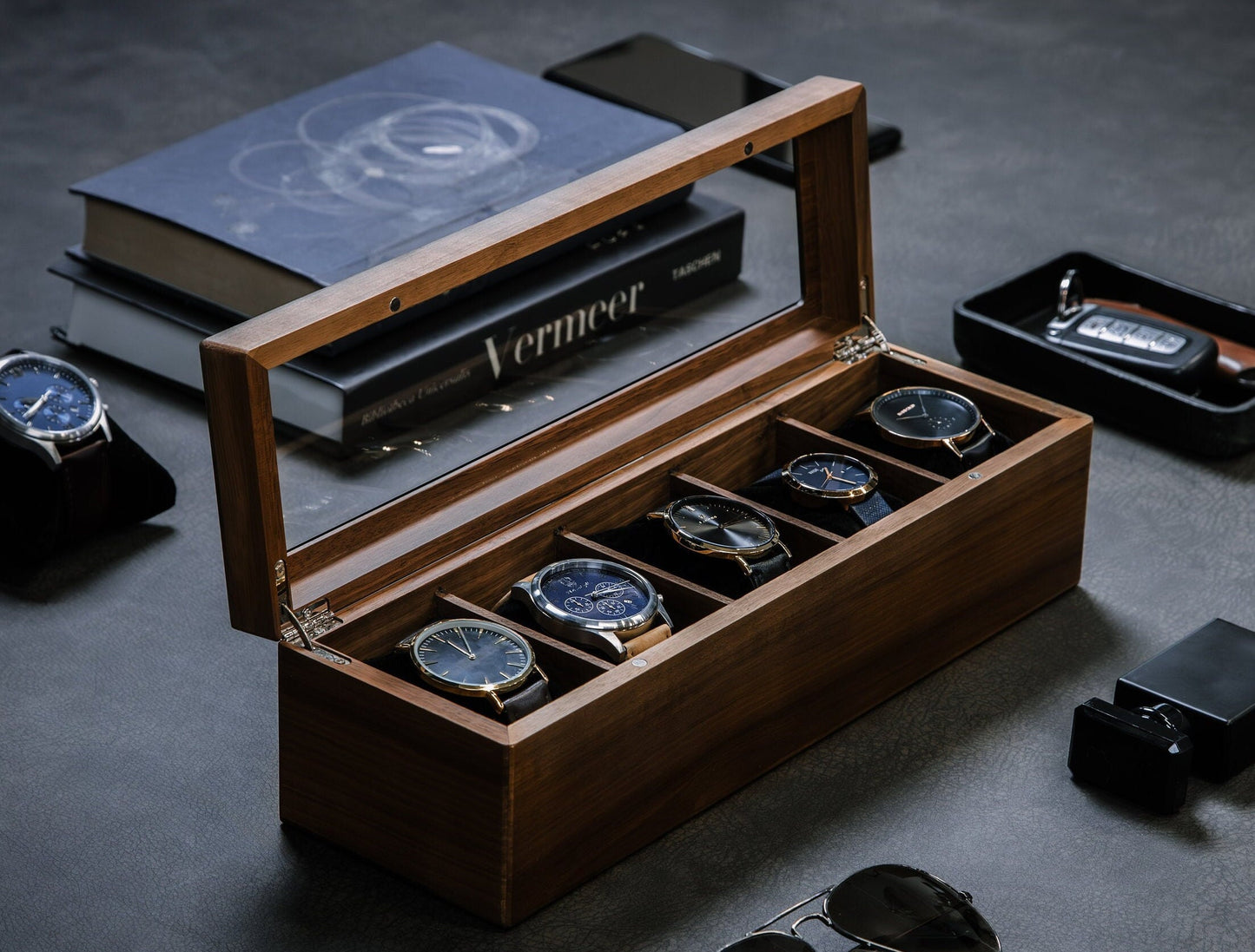 Wide Wood Watch Box (Design 9) - Personalized Monogram Watch Holder Display Case Gift Box for Boyfriend Father Husband Groom Fiancé Brother