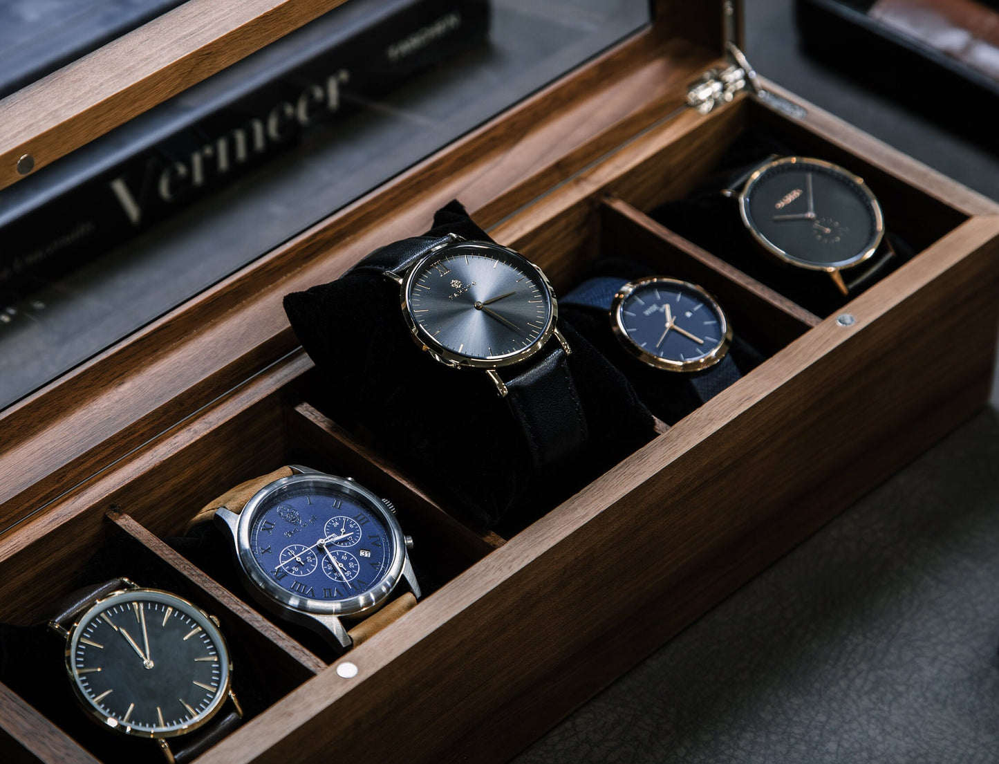 Wide Wood Watch Box (Design 9) - Personalized Monogram Watch Holder Display Case Gift Box for Boyfriend Father Husband Groom Fiancé Brother