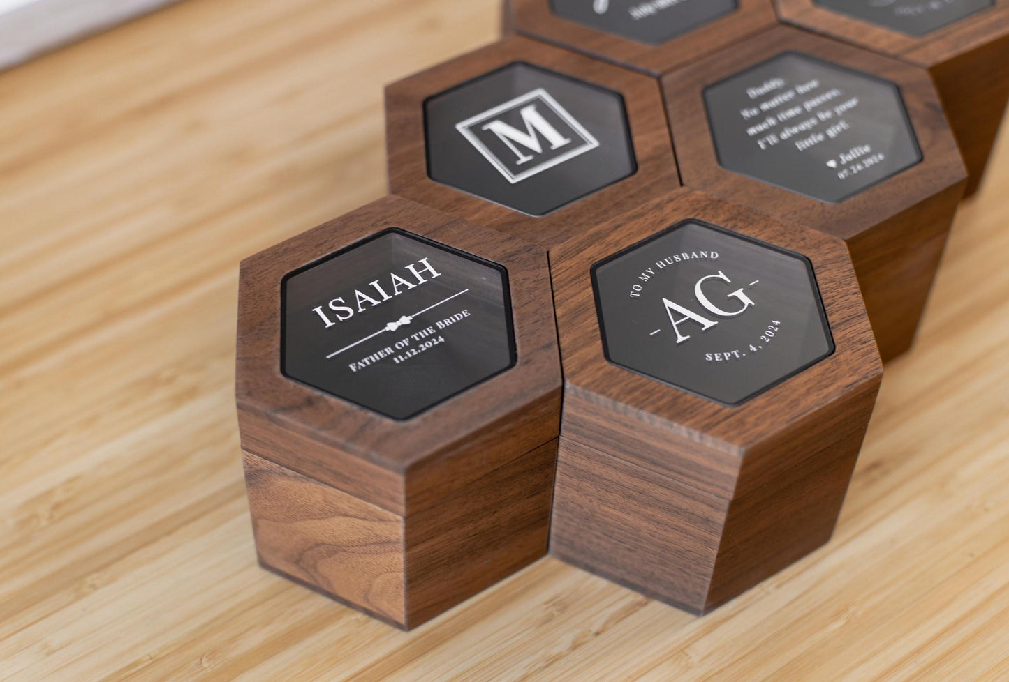 Hexagon Watch Box w/ Glass Top & Pillow (Watch NOT Included) - Apple Watch Walnut Wood Gift Box, Wedding Day Son Father of the Bride Groom