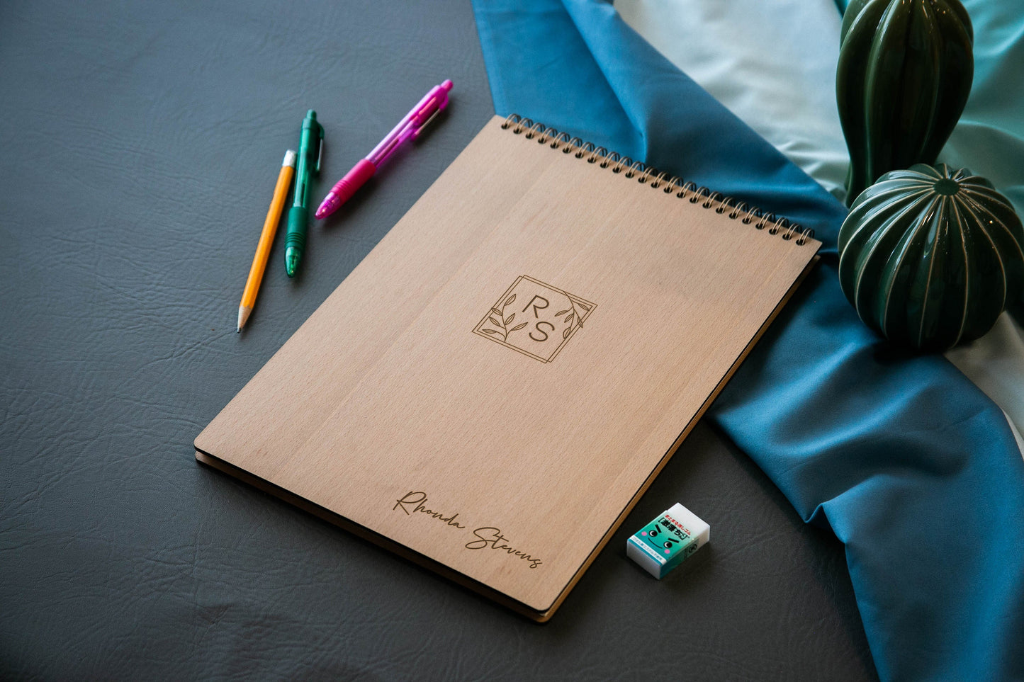 Engraved Spiral Wood Notebook (Design G) - Wooden Drawing Notepad, Artist Sketch Pad Spiral for Student, Kindergarten College Gift