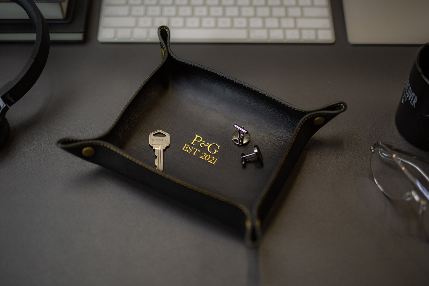 Embossed Snap Leather Valet - Monogram Tray, Personalized 3rd Anniversary Birthday Gift for Husband Boyfriend Couple, Wedding Engagement