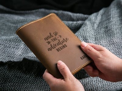 Leather Passport Cover - Engraved Holder, 3rd Leather Anniversary Gift for Husband Wife, Custom Travel Wallet, Weekend Trips, Teacher Gift