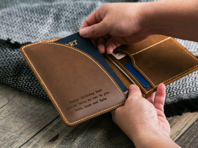 Leather Passport Cover - Engraved Holder, 3rd Leather Anniversary Gift for Husband Wife, Custom Travel Wallet, Weekend Trips, Teacher Gift