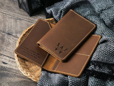 Leather Passport Cover - Engraved Holder, 3rd Leather Anniversary Gift for Husband Wife, Custom Travel Wallet, Weekend Trips, Teacher Gift