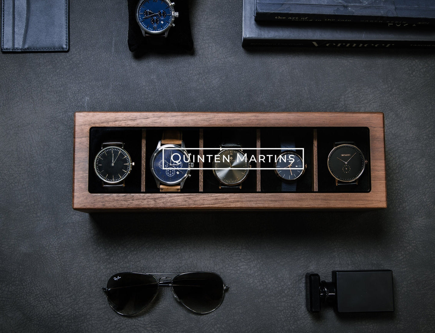 Wide Wood Watch Box (Design 10) - Custom Watch Storage Display Case with Glass Lid Watch Enthusiast Gift for Men Groom Husband Boyfriend Son