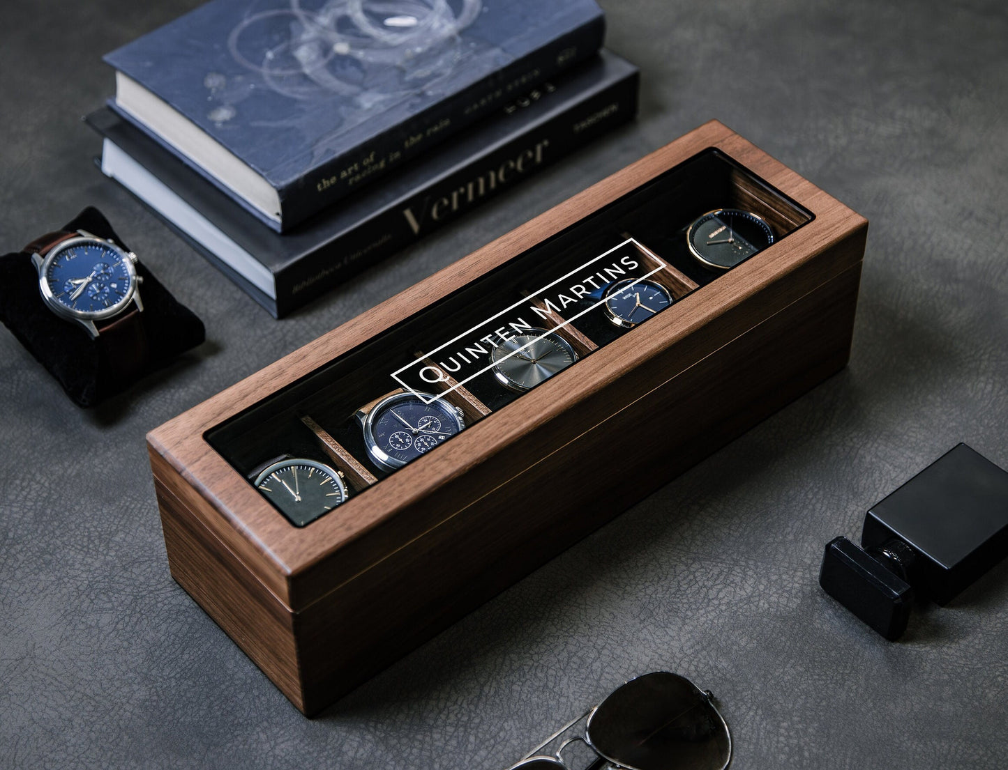 Wide Wood Watch Box (Design 10) - Custom Watch Storage Display Case with Glass Lid Watch Enthusiast Gift for Men Groom Husband Boyfriend Son