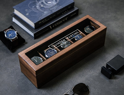 Wide Wood Watch Box (Design 10) - Custom Watch Storage Display Case with Glass Lid Watch Enthusiast Gift for Men Groom Husband Boyfriend Son