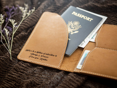 Leather Passport Cover - Engraved Holder, 3rd Leather Anniversary Gift for Husband Wife, Custom Travel Wallet, Weekend Trips, Teacher Gift
