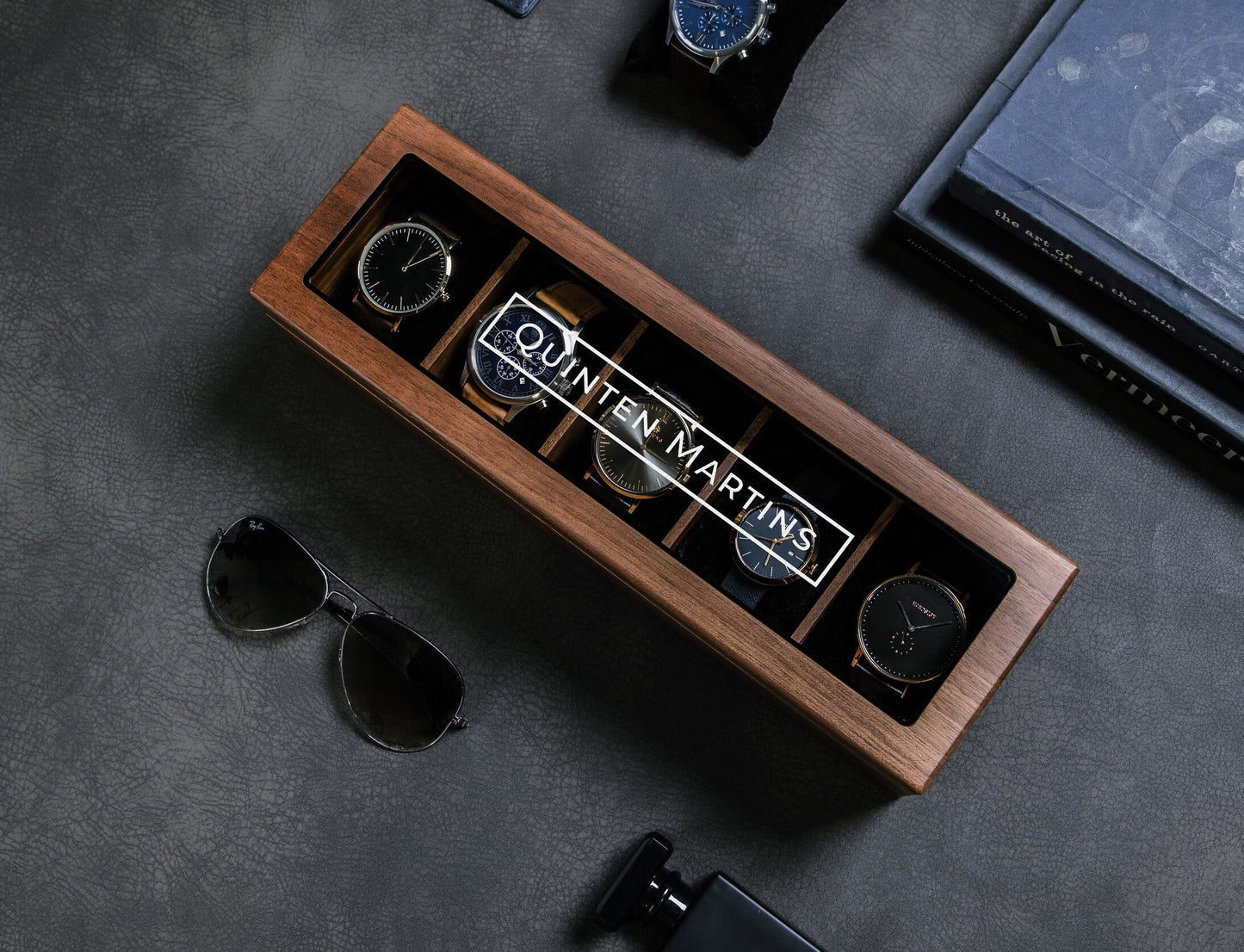 Wide Wood Watch Box (Design 10) - Custom Watch Storage Display Case with Glass Lid Watch Enthusiast Gift for Men Groom Husband Boyfriend Son