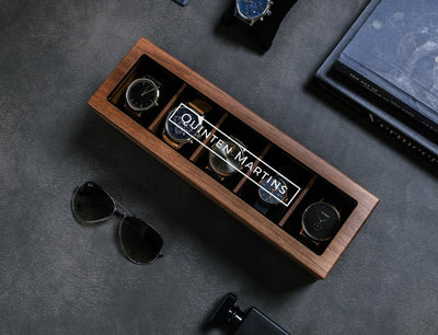 Wide Wood Watch Box (Design 10) - Custom Watch Storage Display Case with Glass Lid Watch Enthusiast Gift for Men Groom Husband Boyfriend Son