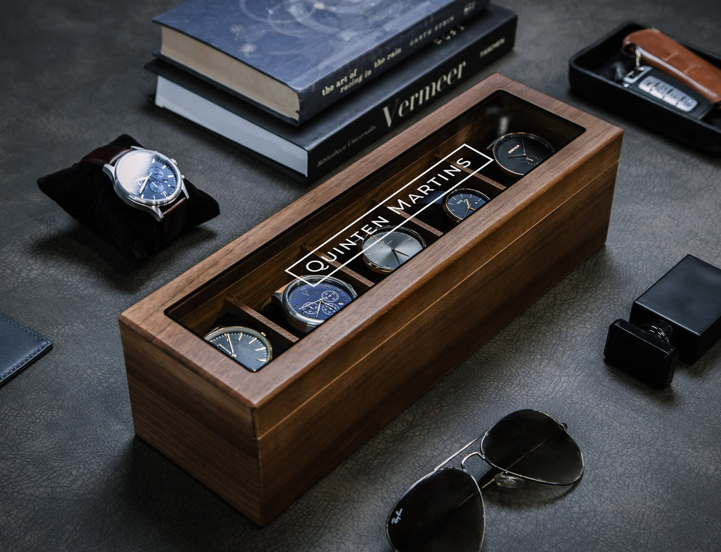 Wide Wood Watch Box (Design 10) - Custom Watch Storage Display Case with Glass Lid Watch Enthusiast Gift for Men Groom Husband Boyfriend Son