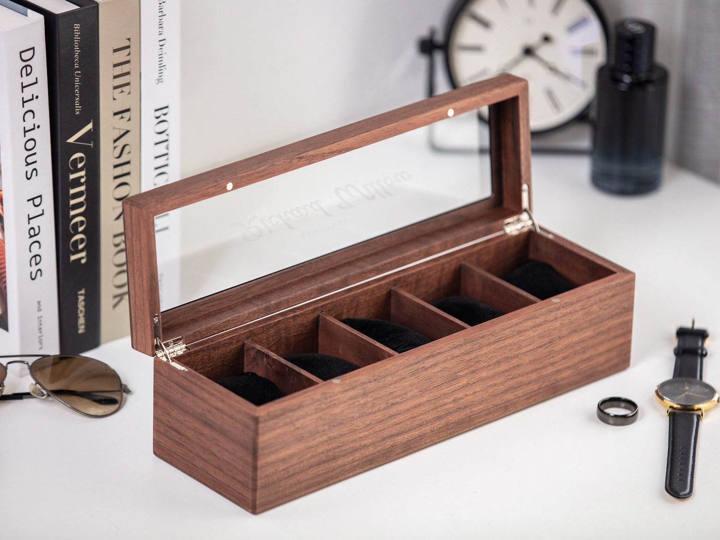 Wide Wood Watch Box (Design 10) - Custom Watch Storage Display Case with Glass Lid Watch Enthusiast Gift for Men Groom Husband Boyfriend Son