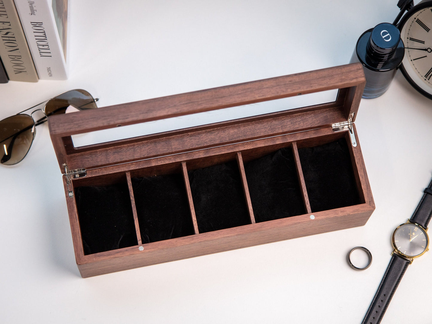 Wide Wood Watch Box (Design 10) - Custom Watch Storage Display Case with Glass Lid Watch Enthusiast Gift for Men Groom Husband Boyfriend Son