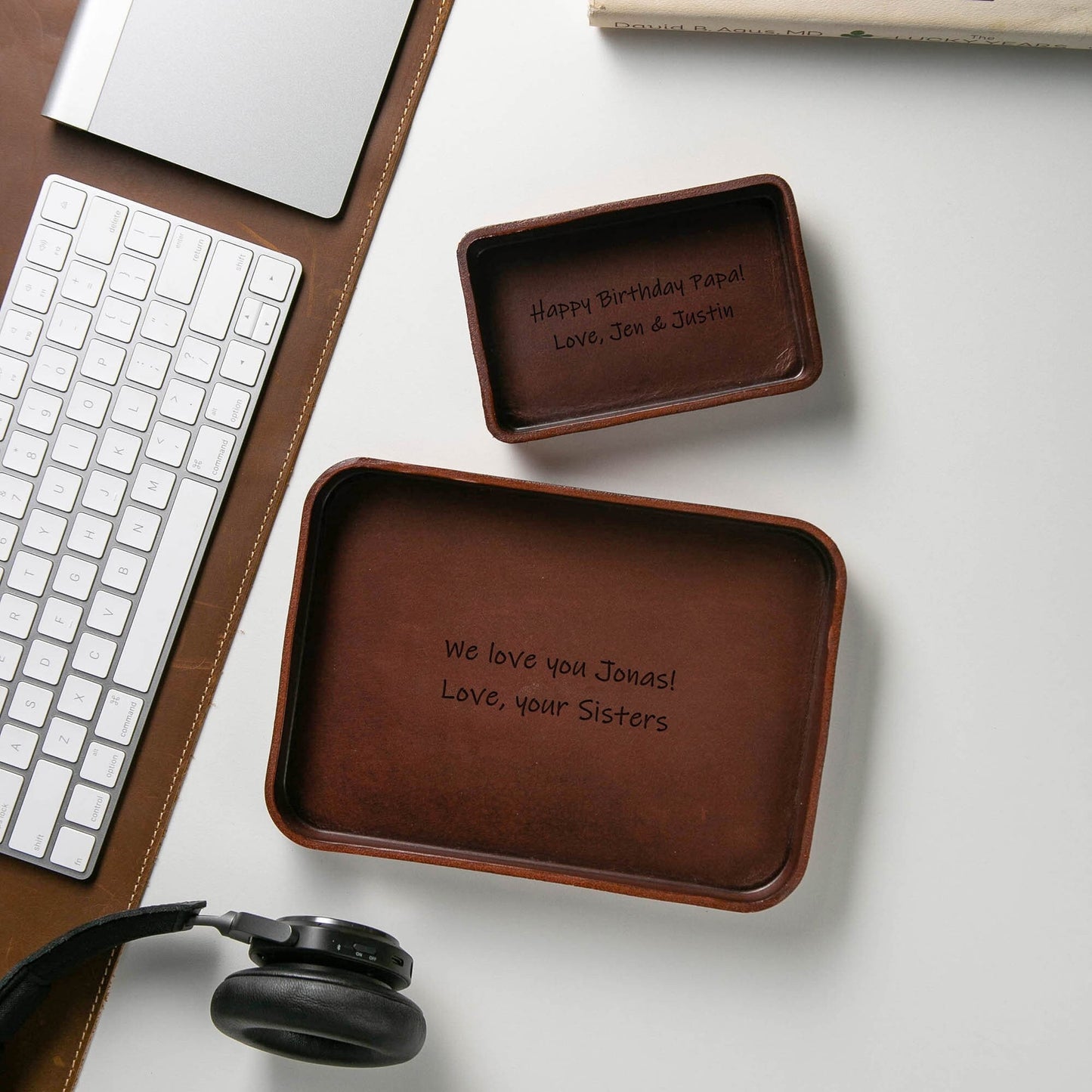 Vegetable Tanned Hard Leather Valet (Design 3) - Message Engraving Catchall Tray for Dad Husband Boyfriend Mom Gift, Teacher Back to School