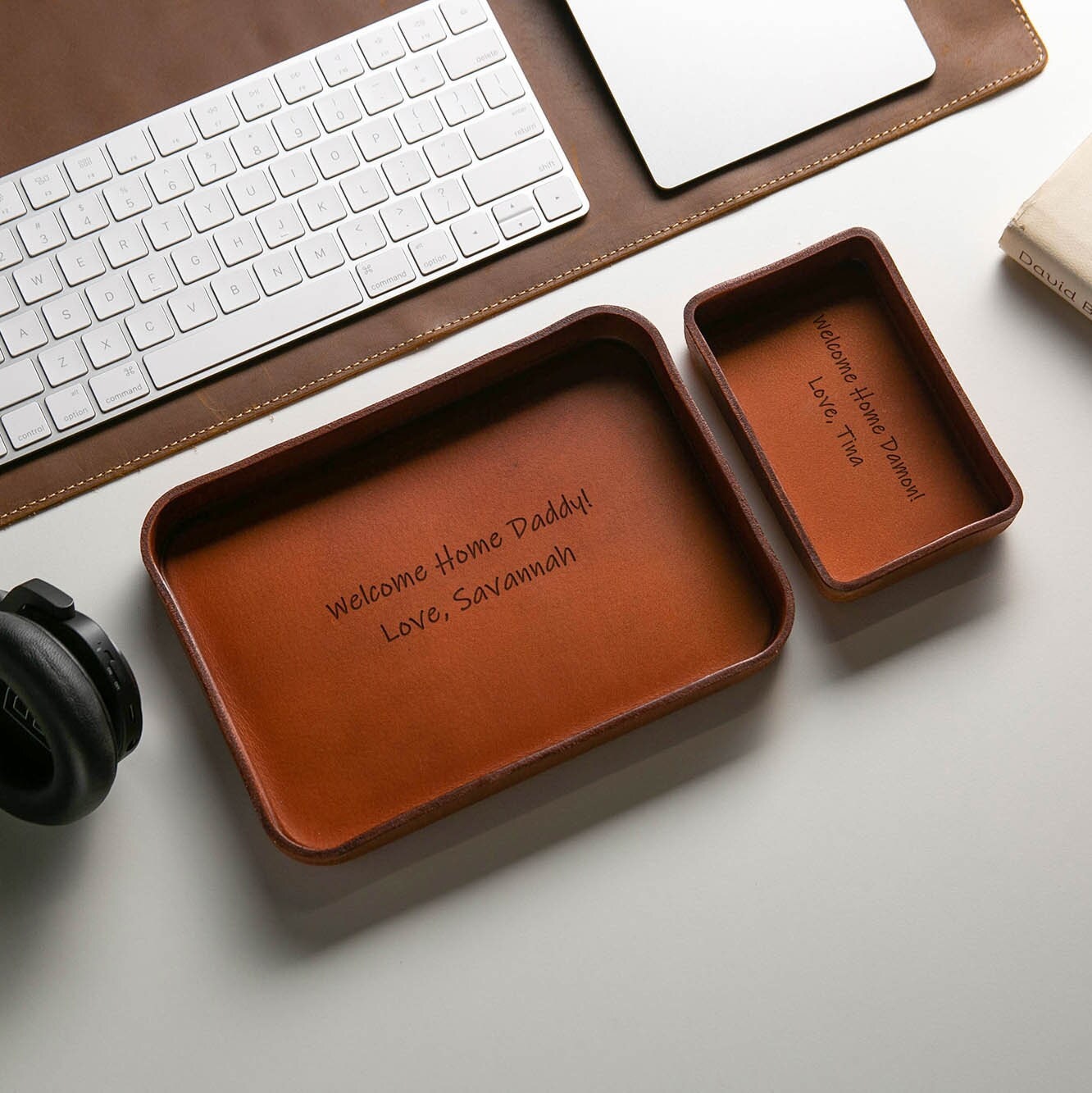 Vegetable Tanned Hard Leather Valet (Design 3) - Message Engraving Catchall Tray for Dad Husband Boyfriend Mom Gift, Teacher Back to School