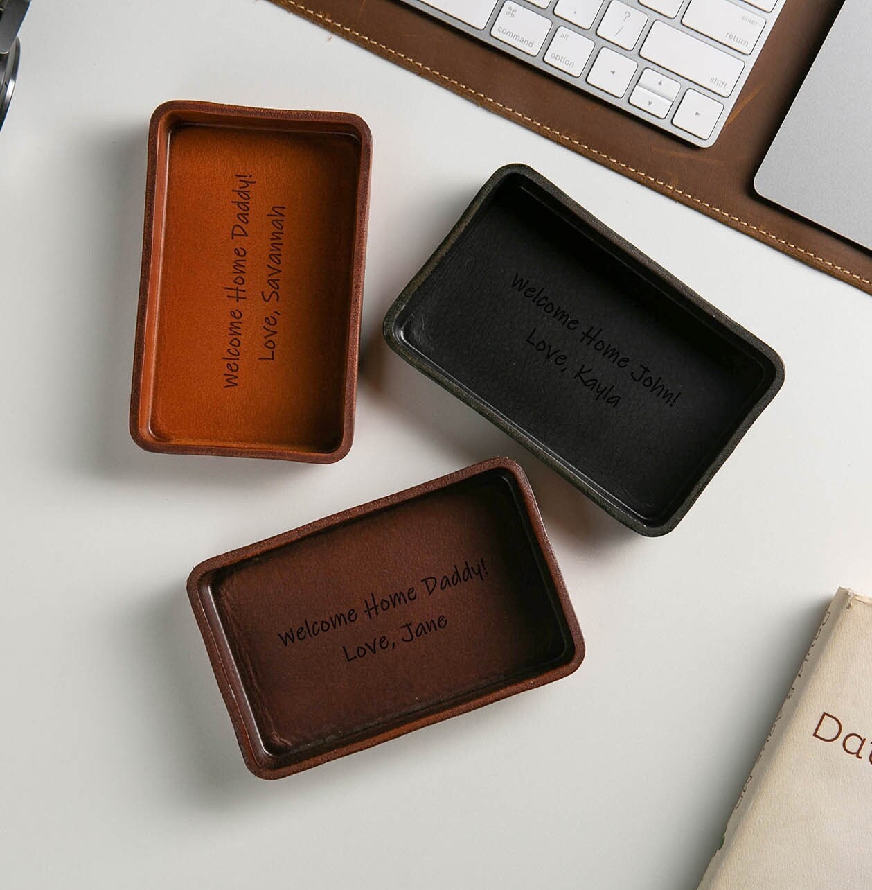 Vegetable Tanned Hard Leather Valet (Design 3) - Message Engraving Catchall Tray for Dad Husband Boyfriend Mom Gift, Teacher Back to School